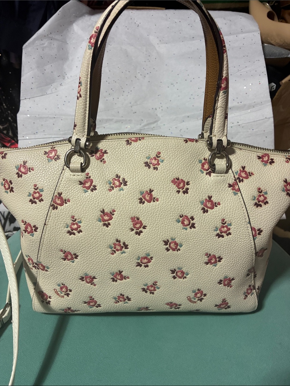 Coach Cream Leather Floral Satchel with Pink Rose Print - Picture 2 of 3